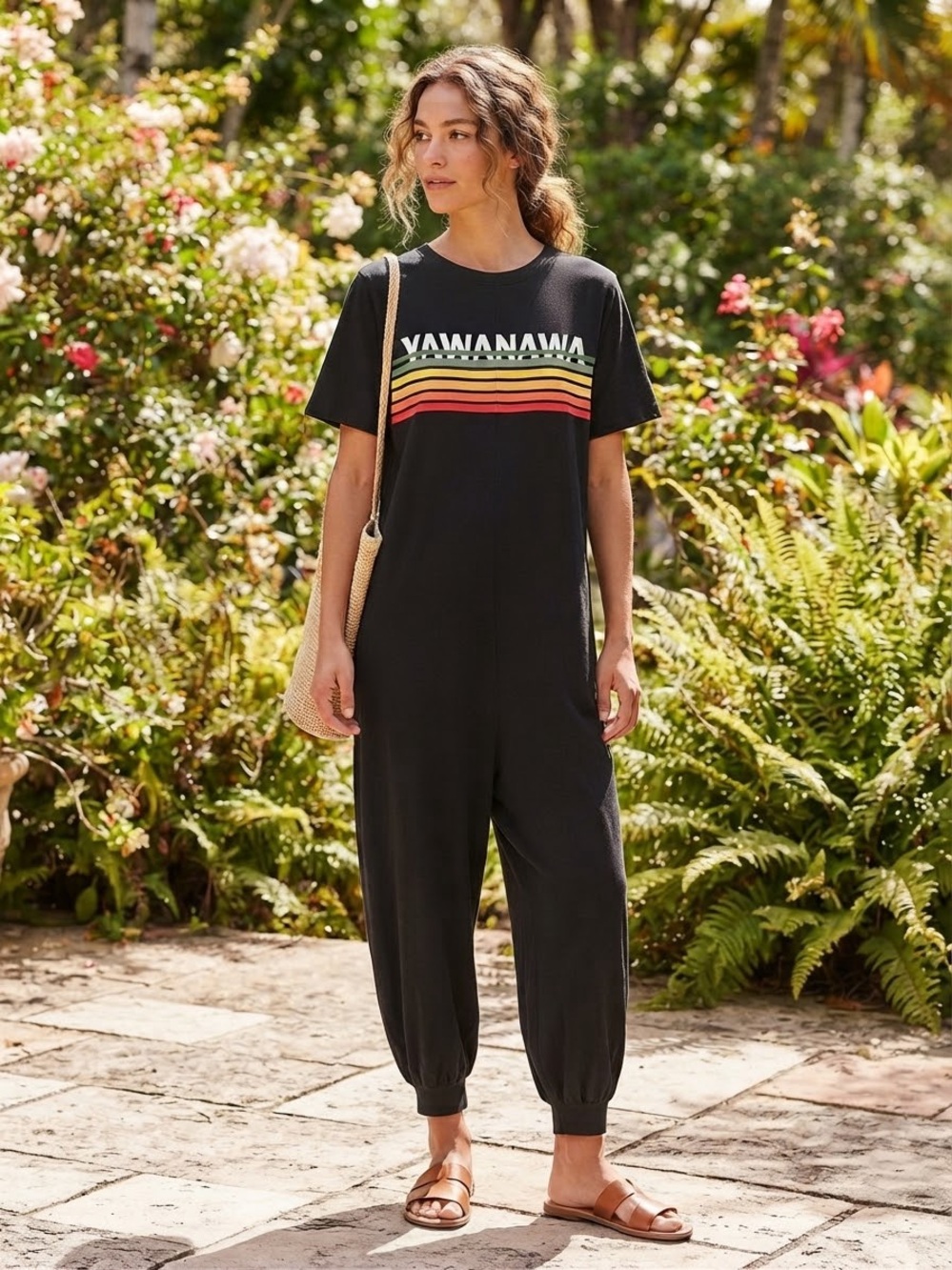 FARM Rio Black Short-Sleeve Graphic Jumpsuit with Rainbow Stripes